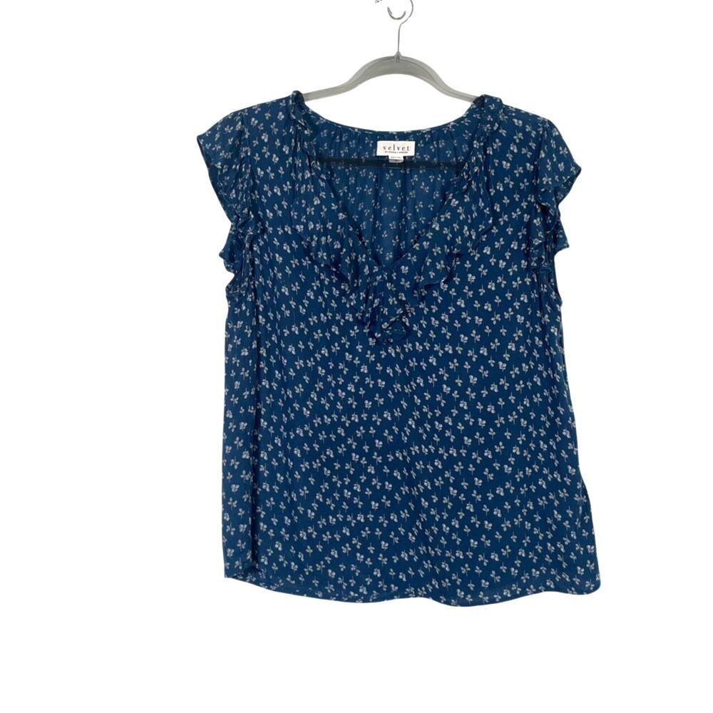 Velvet by Graham & Spencer Blue Floral Flutter Sleeve Ruffle Blouse Size Medium
